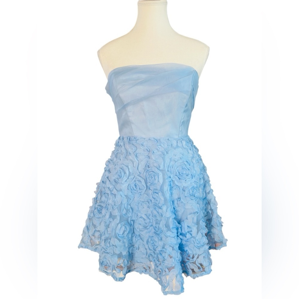 Angel Biba Baby Blue Strapless Corset High-Low Rosette Dress US XS